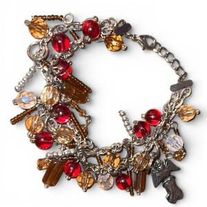 Woman’s Silver Plated-Red & Amber Beaded Charm Bracelet With Silver Angel Charm